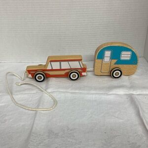 Woody Station Wagon and Camper Classic Wood Pull Toy 50’s Vintage Style Red Blue